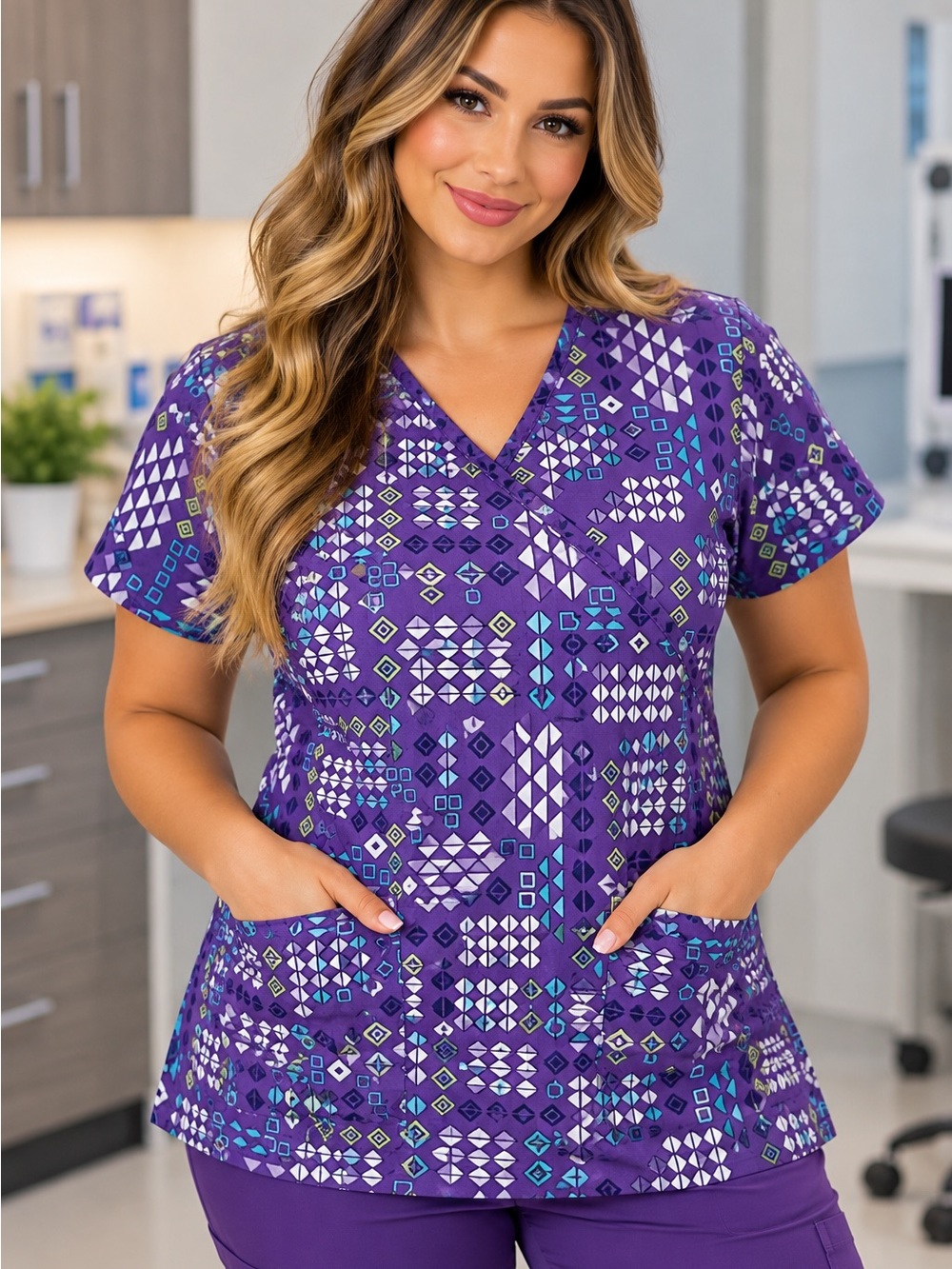 Scrubstar Purple Geometric Print Mock Wrap Scrub Top